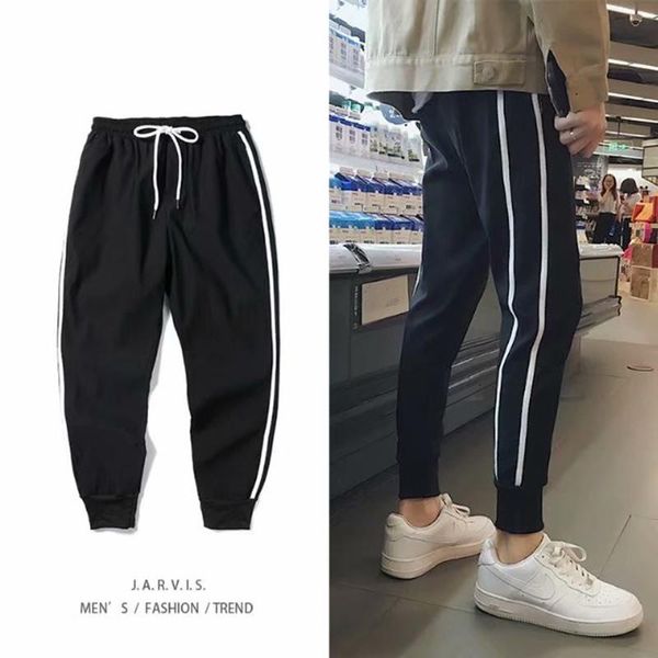

men's pants with 2 white stripes sweatpants mens fitness for men cargo slim fit sport gym skinny, Black