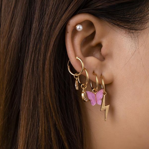 

hoop & huggie 1set mininalist pink butterfly shiny rhinestone star moon gold color metal earrings for women girls party jewelry gifts, Golden;silver