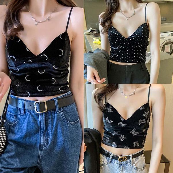 

camisoles & tanks 1pcs backless v neck for summer slim retro style print women's crop elastic velour camisole short tank, Black;white