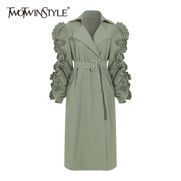 

twotwinstyle patchwork ruffle ruched casual windbreaker for women lapel long sleeve high waist sashes black trench female 210218, Tan;black