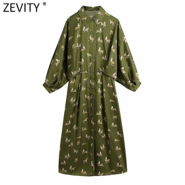 Zevity Frauen Vintage Animal Print Batwing Sleeve A-Linie Hemd Kleid Weibliche Tiger Muster Casual Slim Kimono Vestidos DS5070 210603