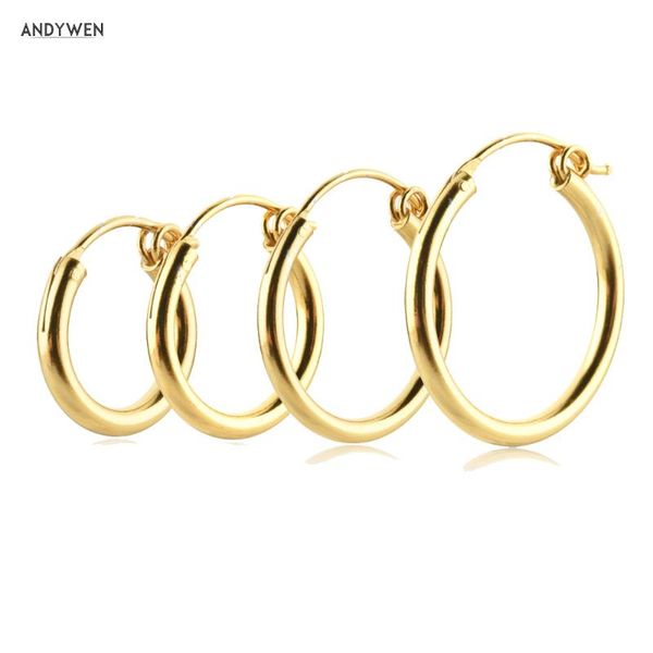 

hoop & huggie andywen 925 sterling silver gold 9.5mm 12.5mm 14.5mm 17.5mm hollow hoops earring women size huggies piercing pendientes clips, Golden;silver
