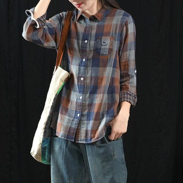 

new arrival autumn arts style loose casual plaid cotton blouse women long sleeve turn-down collar pockets cotton shirt a72, White