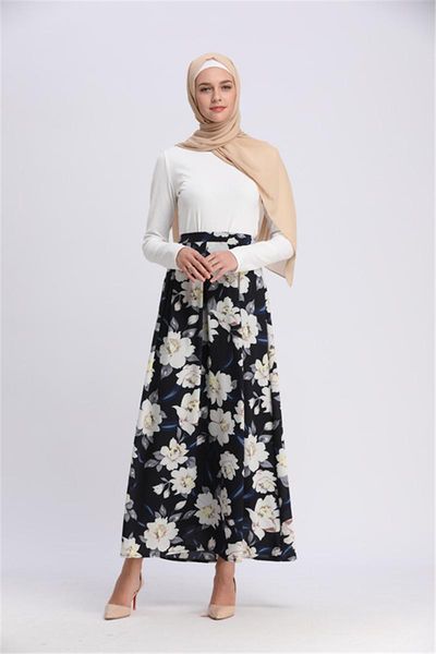 

skirts women feminina jupe femme plus size 2021 high waist abaya muslim african print long elasticity pleated maxi skirt, Black