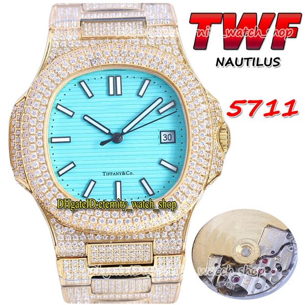 2022 TWF 5711 PP324 A324 Orologio automatico da uomo con diamanti pavimentati Versione quadrante blu Bracciale in acciaio con diamanti completamente ghiacciati Modello congiunto 170 Anniversario Orologi per l'eternità