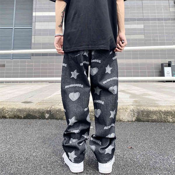 

five stars love pattern retro casual mens jeans pants high street oversize spliced ripped straight couple denim trousers, Black