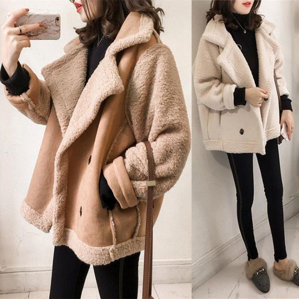 

women's fur & faux fleece autumn winter lamb wool sheepskin coat one-piece thickened jacket casual warm oversized s ~ 4xl, Black