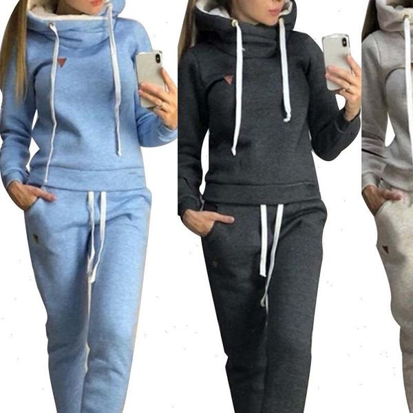 

fashion 2pcs new women plush warm leisure jogging suit tracksuits fleece lined hoodies sweatshirt pullover bandage pants set, Gray