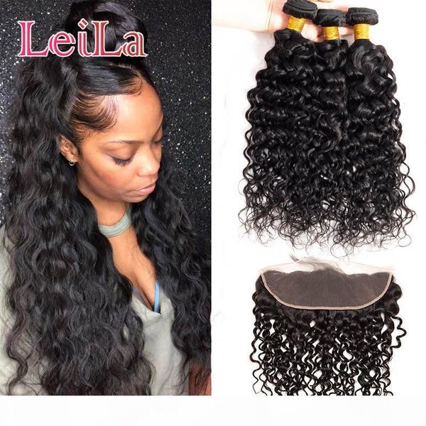 

brazilian raw virgin hair extensions bundles with 13x4 lace frontal part water wave bundles with frontal closure 4 pieces lot water, Black;brown