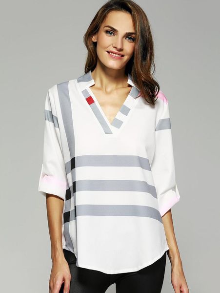 

women's t-shirt medium sleeve digital printed plaid shirt, White
