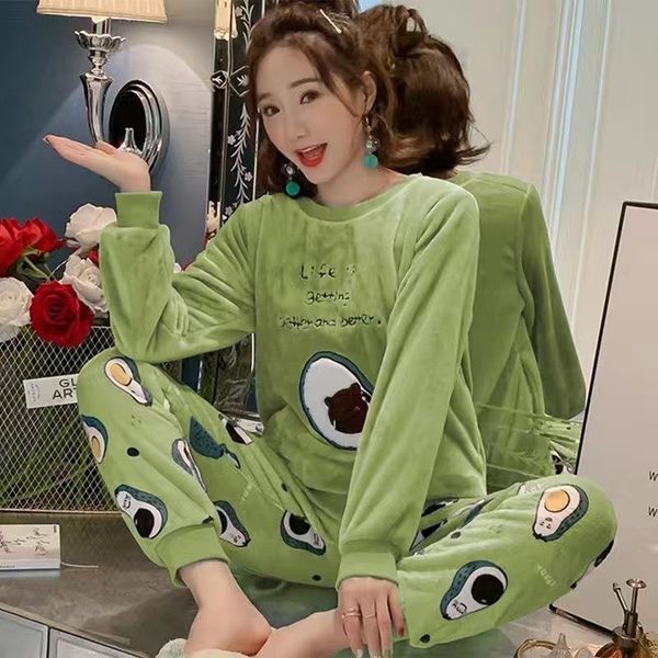 

winter warm flannel women sleepwear pajamas lady cartoon print pajama set pullover coral fleece pijamas mujer home suits, Black;red