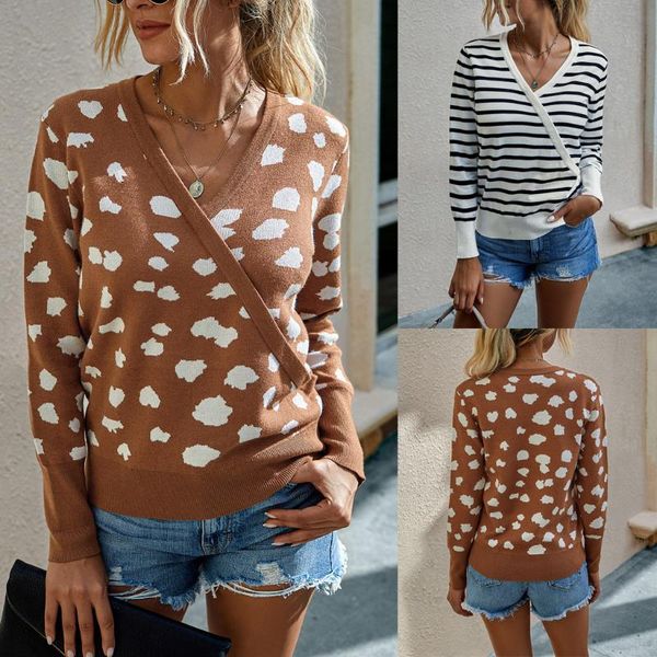 

women's sweaters leopard print vintage cross pullovers women autumn knitted sweater casual v neck loose jumpers solid irregular hem, White;black