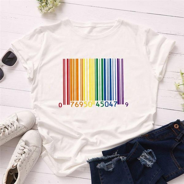 

rainbow bar code print women t shirt funny white tshirts graphic tees for women casual short sleeve girls clothes