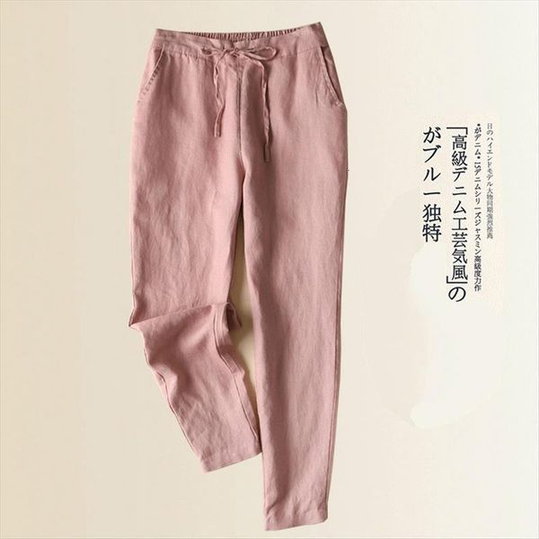 

summer fashion cotton linen pencil womens pants korean plus size girls slim loose trousers women casual lace up capri, Black;white