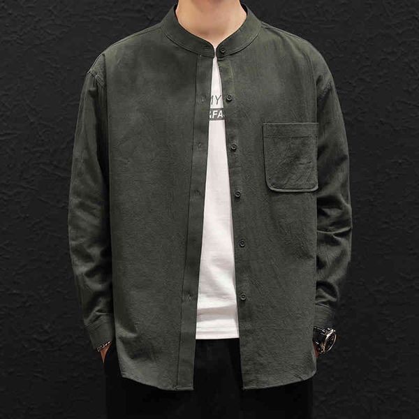 

men's casual shirts cotton linen long sleeve 2021 korean solid color stand up collar man oversized blouses male shirt yzae, White;black