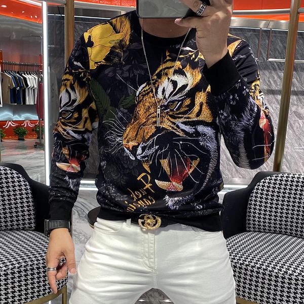 

2020 t luxury long-sleeved homme long male trend shirt mark heavy fashion drill tiger head tshirt men 5tja, White;black