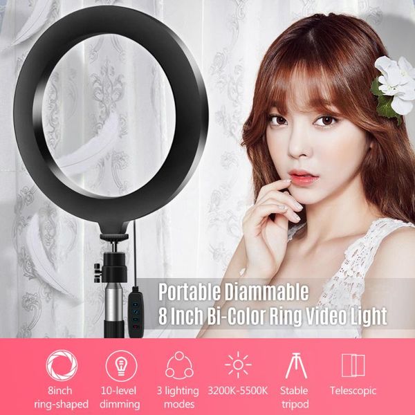 

flash heads portable 20cm / 8 inch diammable 3200k-5500k bi-color ring video light 3pcs lighting modes with tabletripod selfie stick
