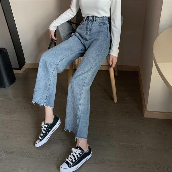 

women's jeans korean fashion leisure loose wide leg pants straight casual outwear stylish high waist blue streetwear ladies denim