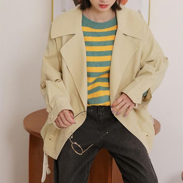 

women's trench coats short jacket 2021 spring autumn pure color casual windbreaker tooling coat, Tan;black