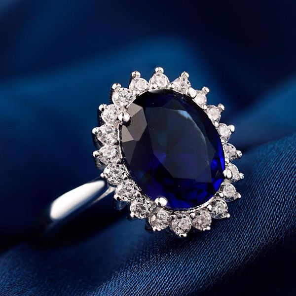 

cluster rings 2021 arrival s925 sterling silver charm ring with blue natural cubic zircon luxury jewelry for wedding, Golden;silver