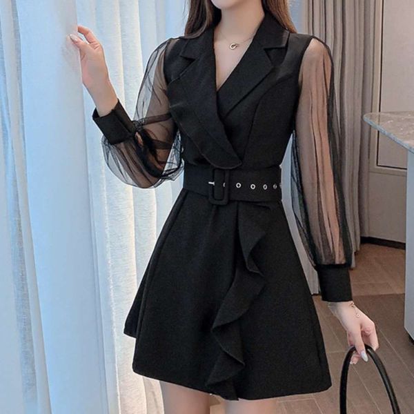 

autumn women's suit collar mesh slim temperament a-word dress, Black;gray