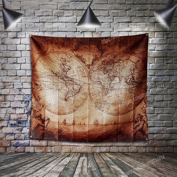 Retro Harita Bayrakları Banner Polyester 150 * 134 cm Duvarda Asmak 4 Grommets Özel Bayrak Kapalı Dekorasyon Vintage Deniz Grafiği İlham Dekor