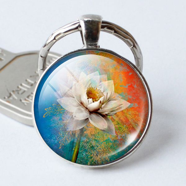 

selling plant flower keychain time gemstone glass key chain pendant dmkr393 mix order key rings, Silver