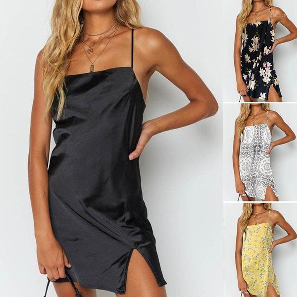 

women's t-shirt summer dress european and american temperament irregular split suspender skirt, White