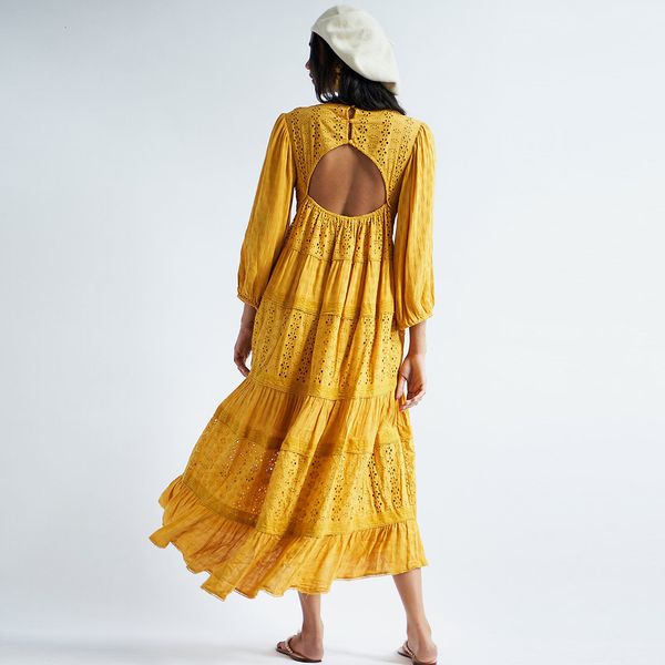 

new backless embroidery eyelet lace maxi v-neck sleeve spring summer dresses boho casual beach long dress 2021 54ii, Black;gray