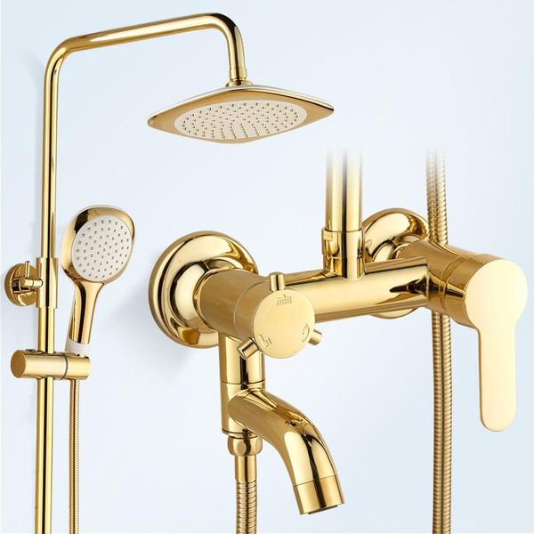 

luxury gold bathroom shower system brass plating bathroom shower set wall mounted round head set
