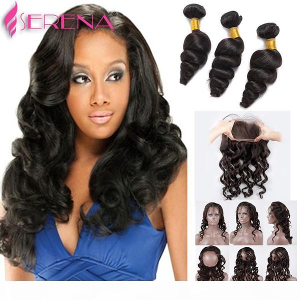 

pre plucked 360 lace frontal with 3 bundles brazilian virgin hair loose wave 360 lace frontal closure with bundle with baby hair, Black;brown