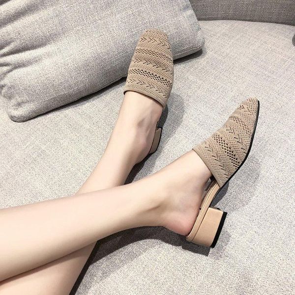 

slippers web celebrity lazy half female summer style thick heel middle temperament flip-flop muller shoes, Black