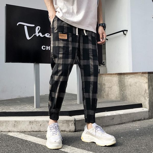 

men's pants yasuguoji 2021 autumn korean men fashion checked trousers casual plaid slim fit straight cotton chinos, Black