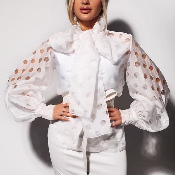 

women's blouses & shirts dot hollow out lantern sleeve knotted blouse women elegant vintage shirt female party blusas mujer, White