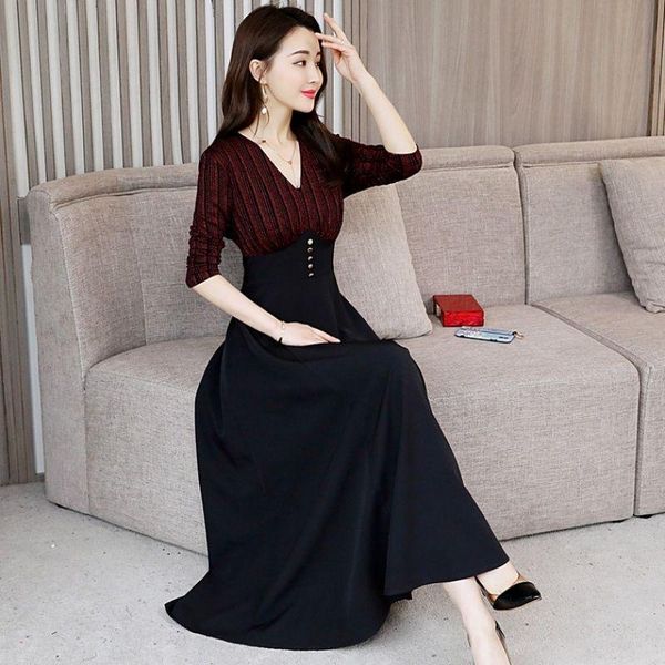 

casual dresses vintage striped women v-neck plus size 4xl parthwork long sleeve elegant dress a-line spring party, Black;gray