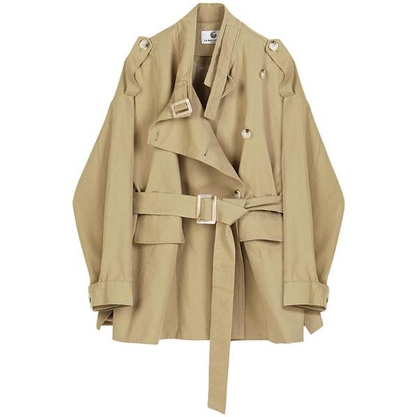 

loose slim strap casual jacket for women unique design khaki female blazer fashion office lady simple blazer suit with belt, Tan;black