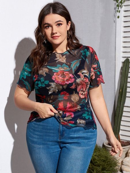 

plus floral print mesh without bra o294#, Black