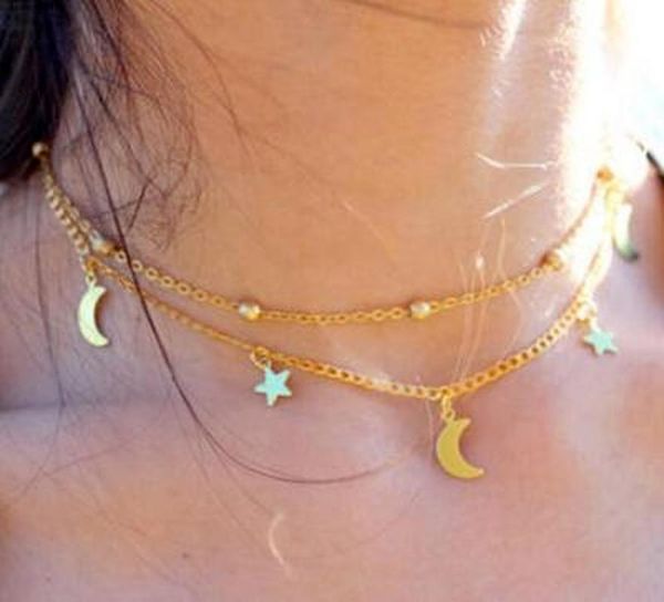 

chains gold color star moon pendant fashion simple ladies alloy necklace long jewelry travel holiday gift, Silver