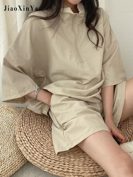 

women's tracksuits casual shorts sets women loose stand collar zipper pullover + high waist short pants sports two piece set outfits, Gray