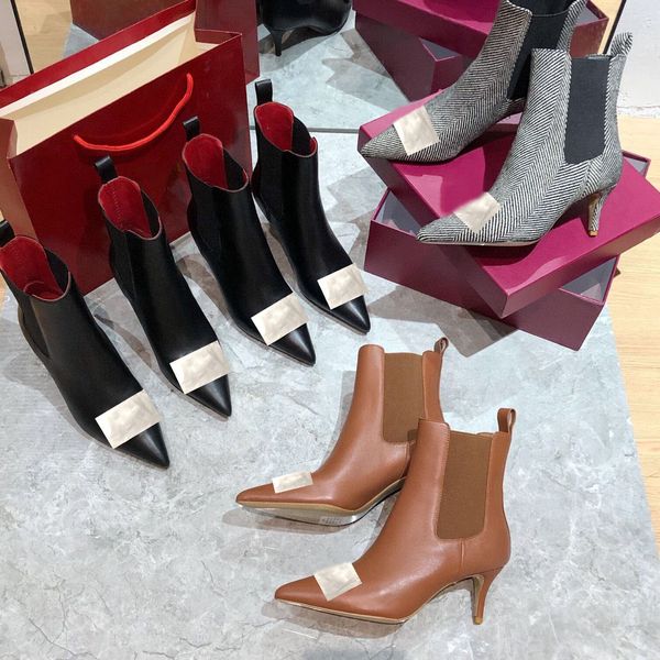 

luxury designer womens new short boots middle heel fashion leather famous slip pointed single anti platform recommended thin elastic cover, Black