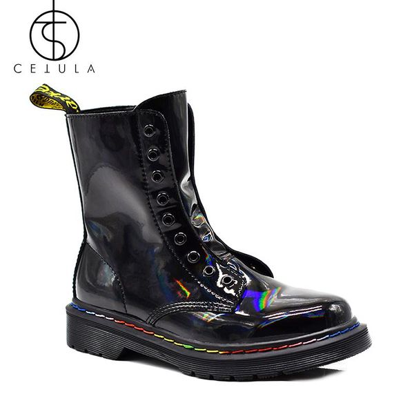 

boots fashion women colorful lace-up leather autumn ankle black flat motorcycle shoes winter