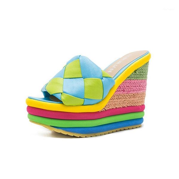 

summer 13cm height women's platform sandals pu leather woven mules rainbow twine fishman shoes casual chunky wedges slipper slippers1, Black