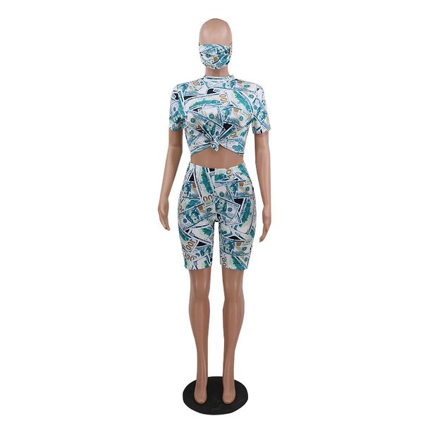 

2021 fashion ladies money print crop biker shorts 2 piece set women summer tracksuit bodycon short set d57ac9, White