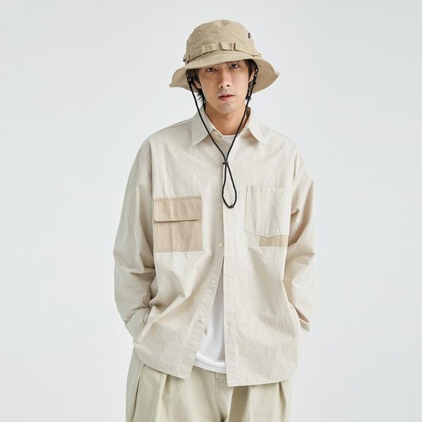 

men's casual shirts contrast paneled long sleeved shirt mens simple pocket loose color block lapel men, White;black