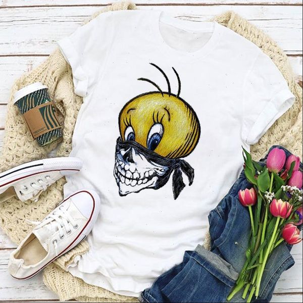 

women graphic duck skull funny cartoon short sleeve cute summer t shirt lady womens clothing clothes tee female t shirt, White