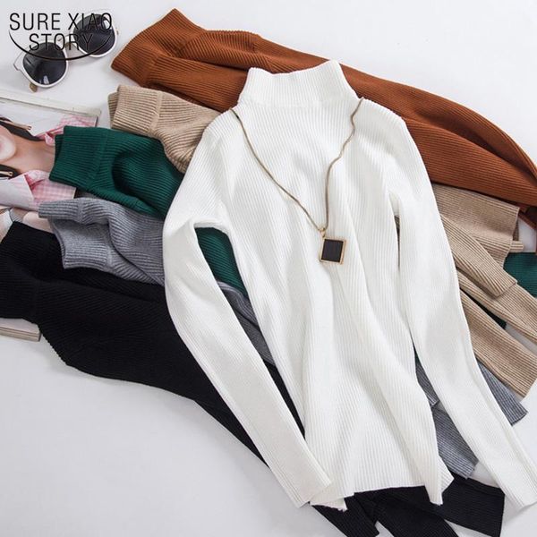 

women's sweaters 2021 autumn korean long sleeve solid turtleneck cotton office lady style slim knitwear pullover women 10643, White;black