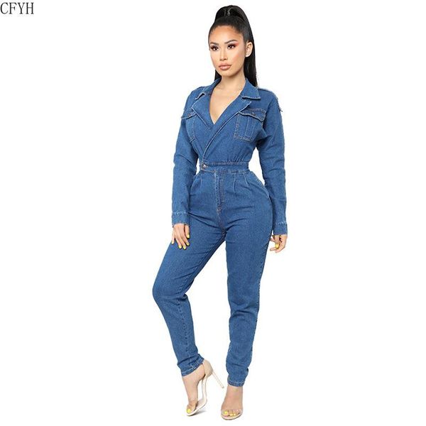 

women's jumpsuits & rompers women long sleeve notched v-neck high waist pencil denim jumpsuit vintage classic active romper playsuit ou, Black;white