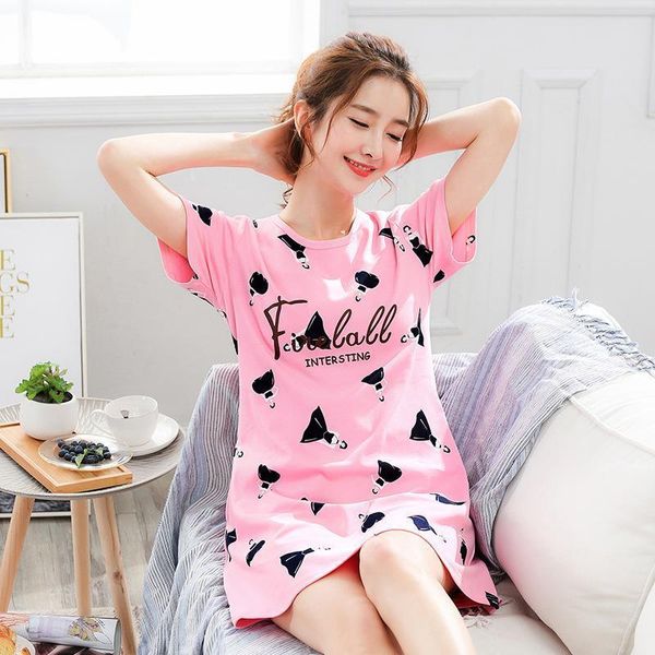 

2021 summer night dress women plus size nightgown cartoon print sleepshirts short-sleeves nightie nightdress cotton sleepwear, Black;red