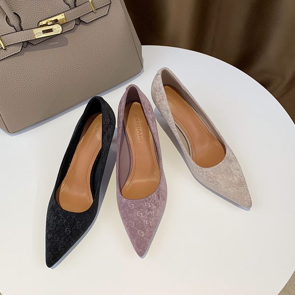 

sandals 3068-62 korean double f letter cashmere high heels women's slim heel pointed solid color work shoes 7cm qcxz, Black