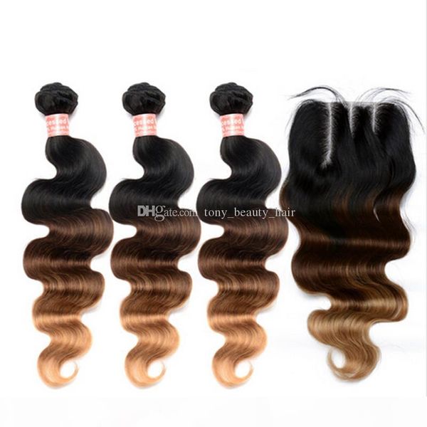 

ombre hair extensions with closure three tone 1b 4 27 brown blonde ombre body wave human hair bundles with 3 way part closure, Black